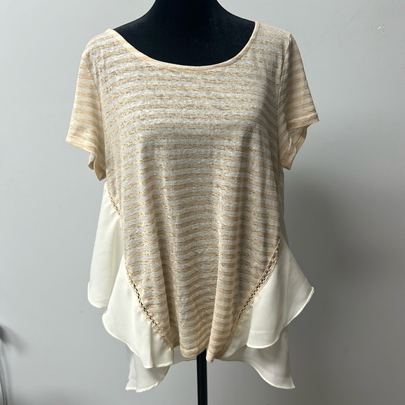 entro Tops - Entro Blouse Sideswing Stripe Ruffle Tee Tan Cream Medium Boutique short sleeve